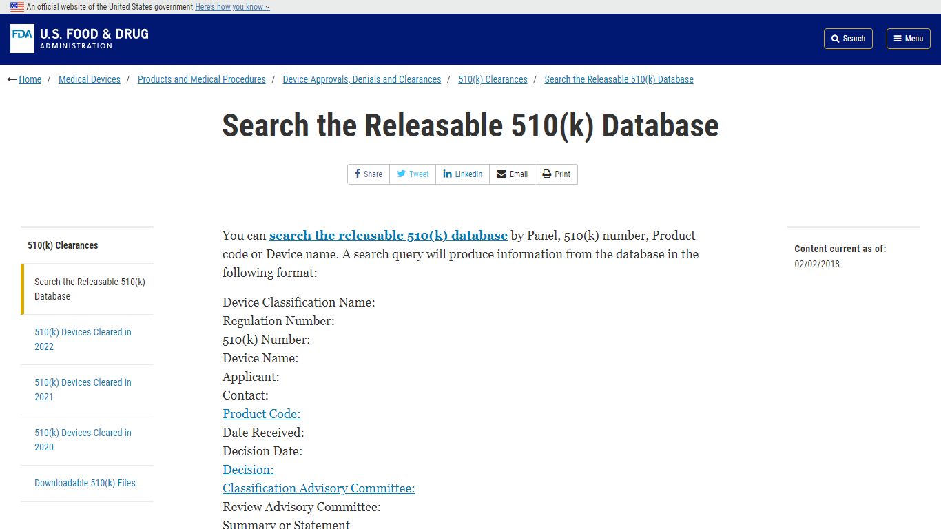 Search the Releasable 510(k) Database | FDA